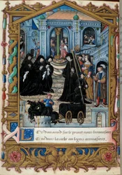 Voorstelling van de koningin van Navarra Margarita van Angoulema omringd door haar metgezellen