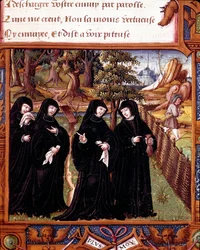Voorstelling van de koningin van Navarra Margarita van Angoulême die met haar metgezellen praat. Pagina uit het manuscript 
