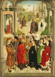 Dutch: Het huwelijk van Maria. In de achtergrond (van links naar rechts) de geboorte van Maria, Joachim wordt de tempel uitgejaagd, de verkondiging aan Joachim, de ontmoeting bij de Gouden Poort en de presentatie van Maria in de tempel The Marriage of th