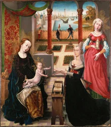 "Maagd met kind en schenker, kind speelt met een koord of juwelen; Sint Barbara achter schenker; landschap op achtergrond (olieverf op hout)