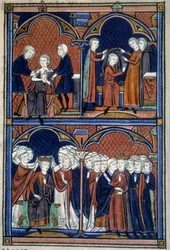 Orde van de wijding en kroning van de koningen van Frankrijk: de koning met de tuniek, de mantel en de kroon waarop alle pairs hun handen leggen; de aartsbisschop omhelst hem. Miniatuur uit 