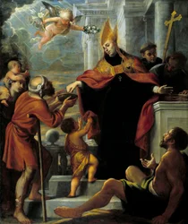 Sint Thomas de Villeneuve die aalmoezen uitdeelt aan bedelaars Schilderij door Mateo Cerezo
