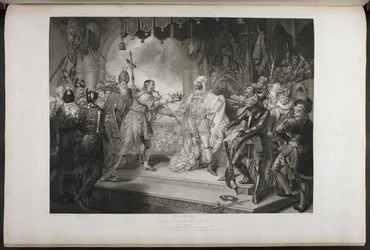 Koning Richard de tweede. Act IV. Scene I. Koning Richard, Bolingbroke, York, Aumerle, enz. In het parlementsgebouw, c.1803 (gravure)