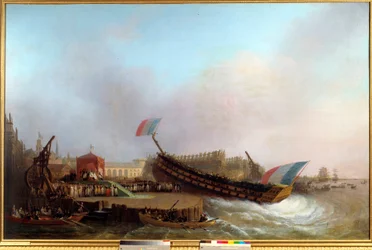 De keizer Napoleon I (1769-1821) en de keizerin, omringd door de koning en koningin van Westfalen bij de lancering van het 80-kanonschip De Friedland, in het arsenaal van Antwerpen, op 2/05/1810
