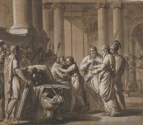 Scène uit de Romeinse geschiedenis, een jongeling ontvangt wapenrusting van een stervende