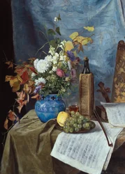 Arrangement met wijnfles, bloemen en fruit