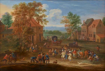 Een dorpslandschap met de processie van de paasos, ca. 1650-90 (olieverf op paneel)