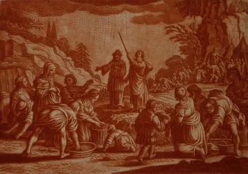 De Israëlieten verzamelen manna, illustratie uit een Bijbel, gegraveerd door Gabriel Bodeneer (1673-1766) (sepia gravure)