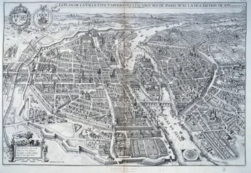 Plattegrond van Parijs in 1615. Gravure door Mathieu Merian