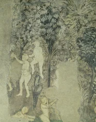 Detail van mannen die baden uit het decoratieve schema in de Hal van de Pausen