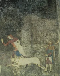 Mannen jagen met honden, detail van decoratief schema uit La Chambre du Cerf