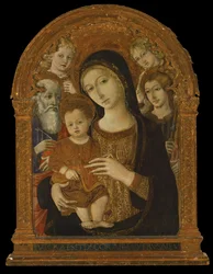 De Maagd en het Kind tussen de Heiligen Johannes de Evangelist, Jacobus en twee Engelen, c.1480-1490