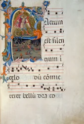 St. Michaël Aartsengel verslaat de demonen. Miniatuur toegeschreven aan Matteo Torelli, uit een antifonarium daterend uit 1394 (Corale 5, c. 105v)
