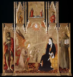 Aankondiging met Heiligen Johannes de Doper en Bernardino da Siena. De Kruisiging. Heiligen Petrus en Paulus, Tussen 1455 en 1464