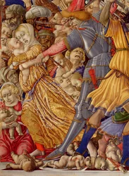 De kindermoord van Bethlehem, detail van een soldaat die zich voorbereidt een kind neer te steken en van het omringende bloedbad, 1482, detail van 106233