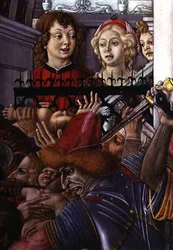 De kindermoord in Bethlehem, detail van twee toeschouwers die het bloedbad vanuit het paleis gadeslaan