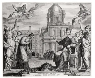 Robert de Sorbon (1201-94) en Kardinaal Richelieu (1575-1642) voor de Sorbonne, gegraveerd door Gregoire Huret (1606-70) 1639