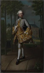 Portret van Gerard Cornelis van Riebeeck (1722-1759), secretaris van Delft, vermoedelijk staand voor zijn buitenhuis Essensteyn te Voorburg