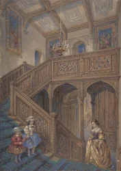 Ontwerp voor een Jacobijnse trap recto, Architectonisch elementontwerp verso, ca. 1867