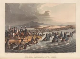 De oversteek van de Niemen bij de opening van de campagne in 1812 (prent)
