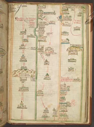 Een routekaart met de route tussen Londen en Napels, uit het Liber additamentorum van Matthew Paris