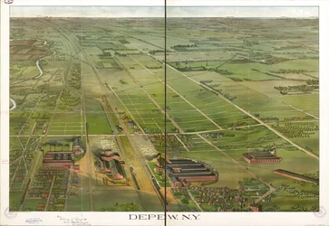 Vogelvlucht. Georiënteerd met het noorden naar rechts. LC Panoramische kaarten (2e ed.), 555.1 Ook beschikbaar via de website van de Library of Congress als rasterafbeelding. LC-kopie geannoteerd in inkt. Gestempeld op: Complimenten Depew Improvement Co.; 