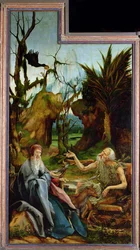 Het Isenheim Altaarstuk. Linkervleugel: Ontmoeting van Sint Antonius en Sint Paulus de Kluizenaar in de Woestijn