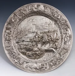 Zilveren plaat met de vertrek van Christoffel Columbus