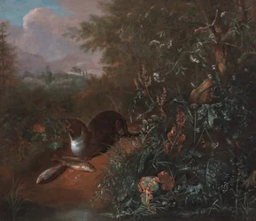 Een bosstilleven met een otter en twee vissen, ca. 1650-1700 (olieverf op doek)