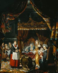 Een Weelderig Interieur met een Familie die de Geboorte van een Kind Viert