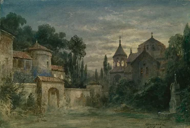 Toneelontwerp voor de opera De kracht van het noodlot door G. Verdi, 1875