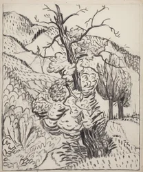 Boom op berghelling, c.1930 (penseel, inkt  houtskool op gebroken wit papier)