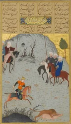 Bahram Gur op de Jacht, Folio 10r uit een Haft Paikar Zeven Portretten..., van Nizami, ca. 1430