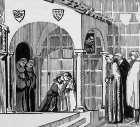 Franse koning Saint Louis (Louis IX 1214-1270) als pelgrim op bezoek bij Saint Frere Gilles in Perugia, gegraveerd door Jacques Beltrand naar een tekening van Maurice Denis