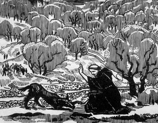 Bekering door St. Franciscus van Assisi van de wolf van Agubbio, gegraveerd door Jacques Beltrand naar een tekening van Maurice Denis
