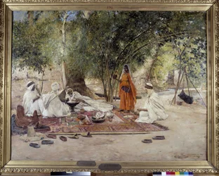 De Hospitalite maaltijd. Scène uit het Arabische leven in de oase van Chelma nabij Biskra, Algerije. Schilderij door Maurice Bompard (1857-1936) 1891