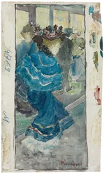 Elegante vrouw in een blauwe jurk, ca. 1893-94