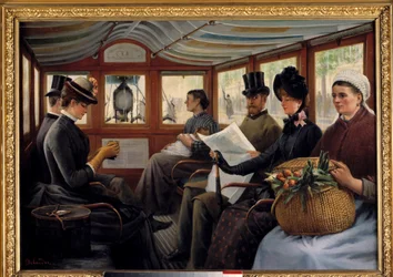 In de omnibus Passagiers nemen plaats in een omnibus