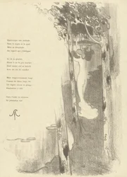 Illustratie met staande naakte vrouw tussen bomen bij een meer bij gedicht Petit Air van Stéphane Mallarmé