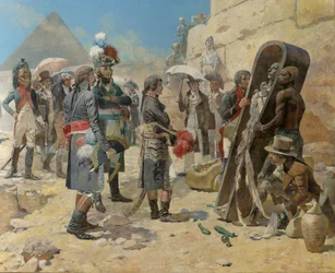 Napoleon Bonaparte voor de piramides, overpeinzend de mummie van een koning in het landschap van Egypte