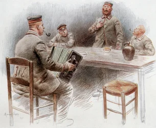 Gevangenen spelen accordeon en zingen in het gevangenenkamp in Dinan