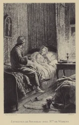 Gesprek tussen Rousseau en Madame de Warens (gravure)