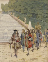 Koning Lodewijk XIV en Samuel Bernard in Marly, bezoek aan de tuinen