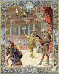 Lodewijk XIV, deelnemer aan het Ballet de la Nuit, libretto door Isaac de Benserade (1612-1691), in een zonnekostuum in de grote zaal van de Petite Bourbon in Parijs, 23 februari