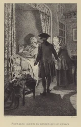 Rousseau gewaarschuwd voor het gevaar dat hem bedreigt (gravure)