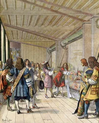 De schilder Charles Lebrun legt uit aan Lodewijk XIV, bekend als de Zonnekoning