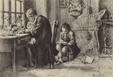 De jonge Jean-Jacques Rousseau lezend terwijl zijn vader werkt