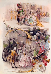 Huwelijksmenu met illustratie van Maurice Leloir van bals in kostuums en galante scènes, 6/04/1900