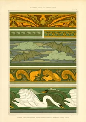 Dierenborders met adelaars, vleermuizen, eekhoorns en zwanen (litho)