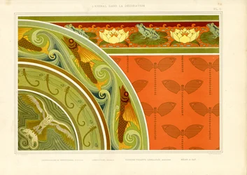 Waterornament met libellen, kikkers en vlinders (litho)